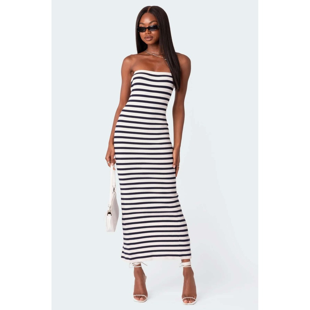 Edikted Womens Striped Ribbed Knit Strapless Maxi Dress Navy White XS Slit